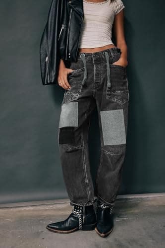 PLNOTME Womens Baggy Barrel Horseshoe Jeans Wide Leg Patchwork Low Rise Denim Pants with Pockets Grey - Thumbnail 3