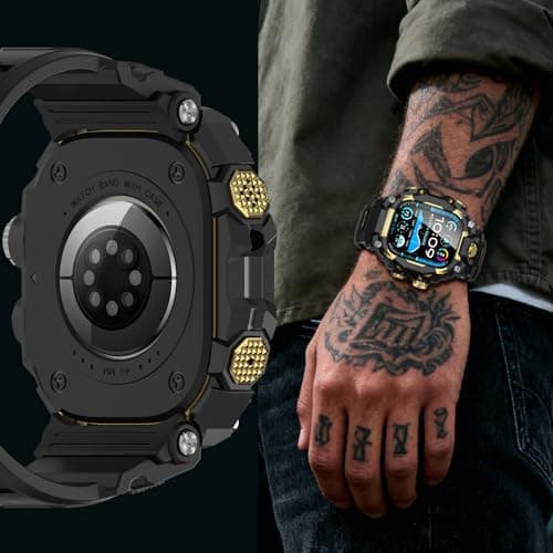 Deczone Band with Rugged Case Compatible with Apple Watch Bands 49mm (Ultra 3/2/1), Sport iwatch Bands Protective Bumper Cover for Men (49mm Gold) - Thumbnail 5