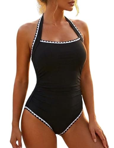 Hilor Women's One Piece Swimsuits Tummy Control Slimming High Waisted Bathing Suit Scalloped Halter 1 Piece Swimsuit Black 10 - Image 1