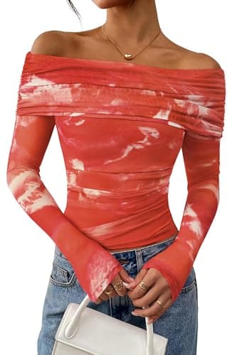 PRETTYGARDEN Womens Tops 2026 Spring Off The Shoulder Long Sleeve Fitted Y2k Shirts Floral Ruched Mesh Going Out Outfits(Brick Red,X-Large) - Image 1