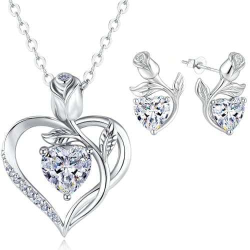 JACUPO Rose Heart Necklace and Earrings Set (Necklace 1.2CT / Earrings 0.8CT) Moissanite/Lab-Grown Sapphire/Ruby Options S925 Sterling Silver 18K White Gold Plated Engraved "I LOVE YOU" Perfect Engagement Gift for Girlfriend Wife (Moissanite Silver) - Image 1