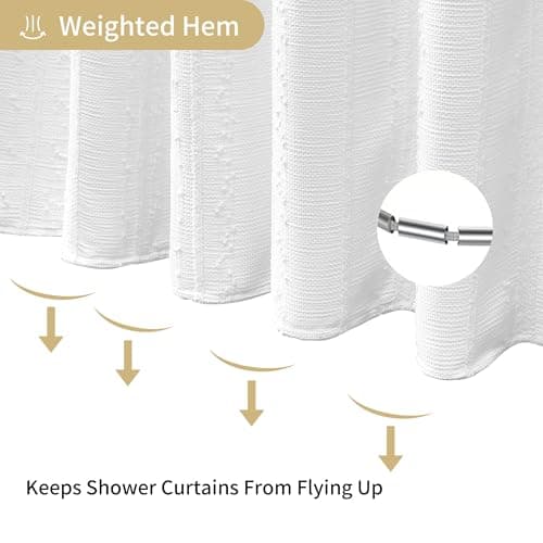 Lameirose White Shower Curtain Boho, Textured Shower Curtain Cotton Blend Waffle Weave Stripe Fabric Shower Curtains for Bathroom, Hotel, Washable, 72 x 72 - Thumbnail 6