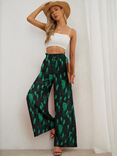 Heymoments Women's Wide Leg Dress Pants with Pockets Green Leaves Black Large Lightweight Elastic High Waisted Adjustable Tie Knot Flowy Casual Ladies Beach Pleated Trousers - Thumbnail 4