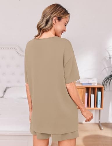 Totatuit Women's Short Set 2 Piece Summer Outfits Oversized U Neck T-Shirt Shorts Set with Pockets Casual Loose Lounge Sets for Airport Travel Khaki Small - Thumbnail 5