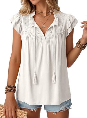 Dokotoo Womens Tops 2026 Summer Ruffle Cap Sleeve Tassel V Neck Blouses Lace Boho White Shirts Pleated Embroidery Business Work Elegant Shirt Medium - Image 1
