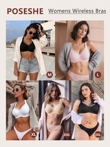 POSESHE Womens Wireless Bras V Mesh Comfortable Bralette Supportive Tshirt No Underwire Seamless Push Up Everyday Bra Black - Thumbnail 4