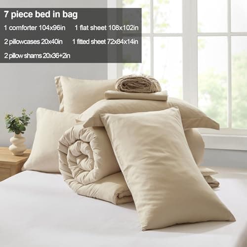 Homelike Moment California King Comforter Set 7 Piece, Beige Bed in a Bag Cal King Size Set Lightweight and Machine Washable - Thumbnail 5