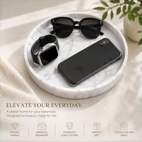 Apasqro Carrara White Marble Tray Round 10 Inch, Natural Stone Perfume & Dessert Tray, Elegant Serving & Display Plate for Home, Vanity, 2 cm Deep, Non-Slip Base - Thumbnail 5