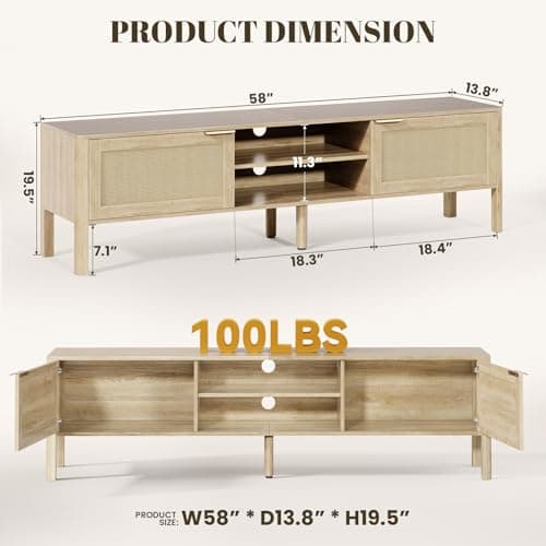 IKALIFE Rattan TV Stand for Living Room - Fits up to 65 Inch TVs, Rattan Media Console Table with Adjustable Shelves & 2 Storage Cabinets, Mid-Century Modern Entertainment Center, Oak 58" - Thumbnail 2