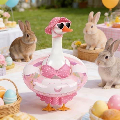 yuboo Summer Porch Goose Outfit Bikini Goose Outfits, Pink Easter Geese Outfits Clothes Costume with Sunglasses Swim Ring for 23in Summer Spring Porch Goose Outdoor Statues - Thumbnail 6