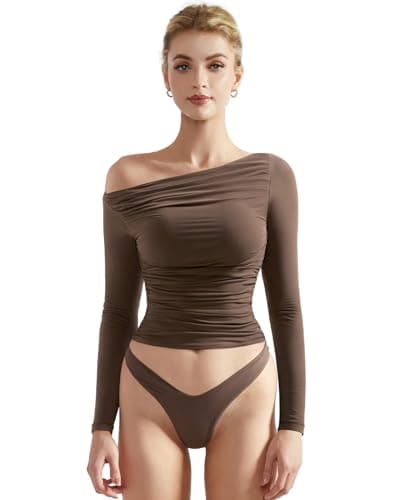 SUUKSESS Women Off Shoulder Long Sleeve Shirts Double Lined Fitted Crop Tops Y2K Tight T Shirts (Brown,S)