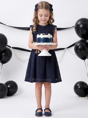 ALLOVIN Toddler and Girls Vintage Boho A-Line Lace Dress with Belt Pom Pom Trim Birthday Party Dress | Navy Blue | 10-11Y - Thumbnail 6