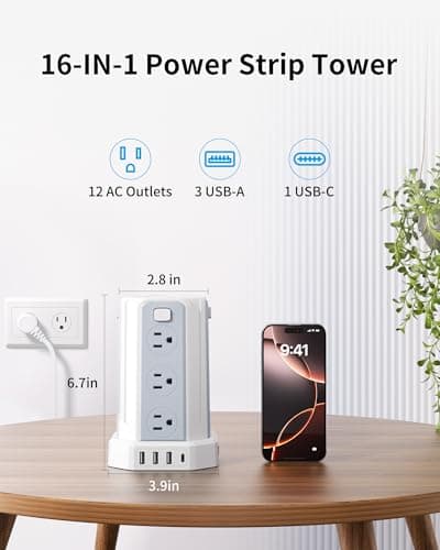 Power Strip Surge Protector, 6.5 Ft Extension Cord with 12 AC Multiple Outlets 4 USB (1 USB C), SMALLRT Power Tower Desktop Charging Station - Thumbnail 2
