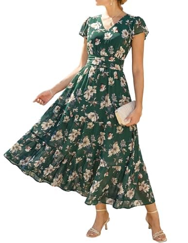 GRACE KARIN Women Summer Dress,Maxi Floral Dresses,V Neck Wedding Guest Flowy Dress 2026 Dark Green with White Flowers S - Image 1
