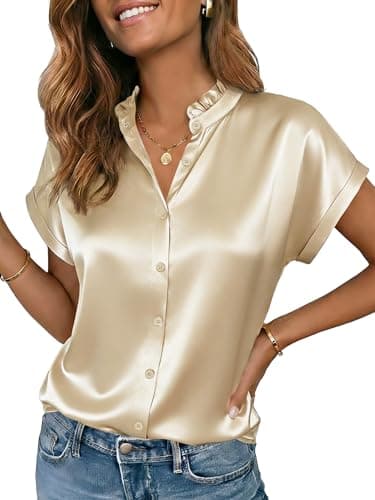 Funlingo Satin Blouses for Women Dressy Silk Short Sleeve Button Down Shirts Summer Ruffle Collar Work Tops Business Casual Outfits Beige 2XL - Image 1