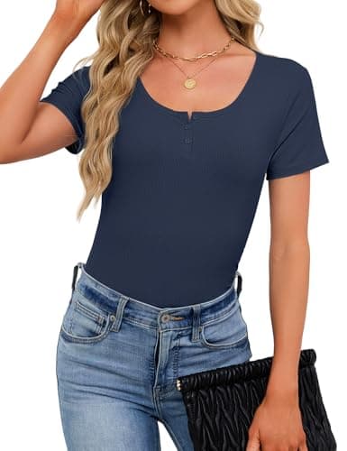 Henley Shirts for Women Ribbed Short Sleeve Tops Button Up Scoop Neck Tops Summer 2026 Casual Slim Fitted Tops Basic Blouse (Navy Blue, Large) - Thumbnail 4