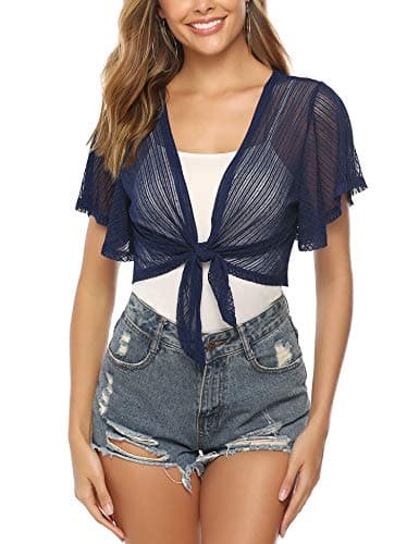 iClosam Women Sheer Shrug Tie Front Short Sleeve Cropped Bolero Shrug Cardigan - Image 1