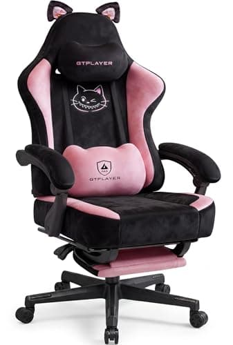 GTPLAYER Pink Gaming Chair Cute with Cat Ears Ergonomic Computer Chair with Cat Embroidery Adjustable Memory Foam Lumbar Support and Headrest Comfortable Reclining Office Chair Soft Velvet Fabric - Image 1