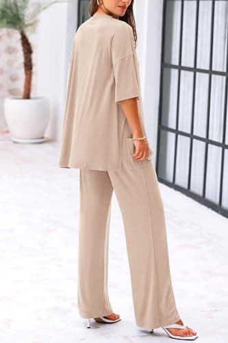 KIRUNDO 2 Piece Lounge Sets for Women Airport Travel Vacation Outfits Summer Casual Loose Short Sleeve Tops & Wide Leg Pants(Beige, X-Large) - Thumbnail 2