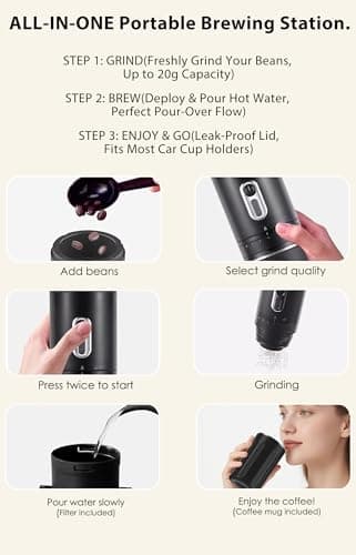 All-in-one Pour Over Coffee Maker Portable Electric Burr Coffee Grinder, Rechargeable Coffee Bean Grinder Conical Burr, Battery Powered Cordless Portable Coffee Maker for Travel, Camping, Car - Thumbnail 5