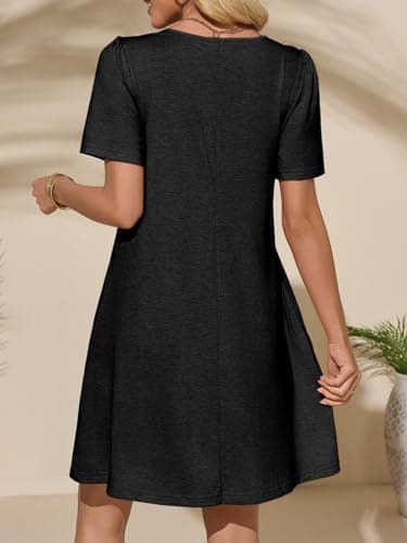 Imily Bela Womens Summer Casual T Shirt Dress Short Sleeve Crewneck Pleated Front Loose Beach Flowy Mini Dresses Black - Thumbnail 3