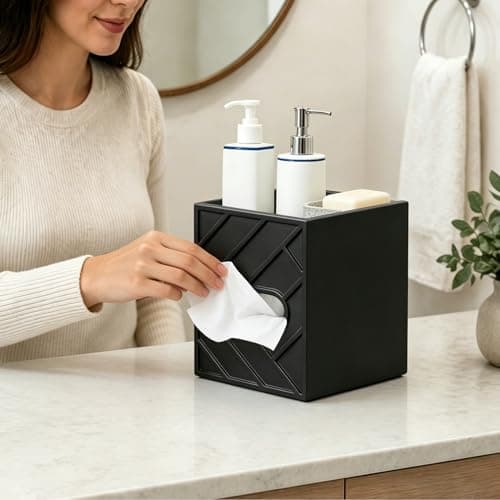 Militwo Modern Square Tissue Box Cover, Aesthetic Light Luxury Multifunctional Cube Tissue Holder with Storage Tray, Decorative Wooden Tissue Caddy for Bathroom, Nightstand, Vanity, Home, Office Decor - Thumbnail 4