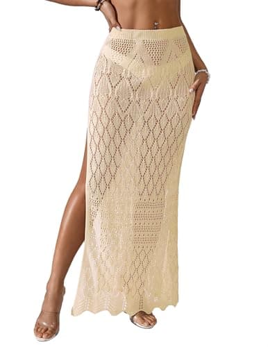 BreathSunny Womens Crochet Open Knit Elastic Waist Swimsuit Coverup Dress Summer 2026 Trendy Outfits Side Slit Mesh Swimwear Coverups Beach Swim Bathing Suit Cover Up Maxi Skirt Apricot L - Image 1
