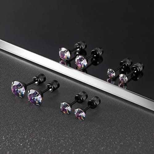 MHWTTY Hypoallergenic Cartilage Earrings for Women Men, 1 Pairs Titanium Stud for Women Gold Silver Black 20G Post & Screw Back with Cubic Zirconia 3 4 5 6 7 mm Piercing Jewelry (Black+Rainbow CZ, 7mm) - Thumbnail 6