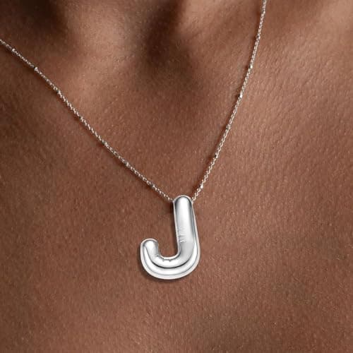 BOLAGTIER Bubble Letter Necklace Gold Plated Balloon Initial Chunky Bubble Alphabet Pendant Necklace Trendy Jewelry Gift for Women (J, Silver) - Thumbnail 3