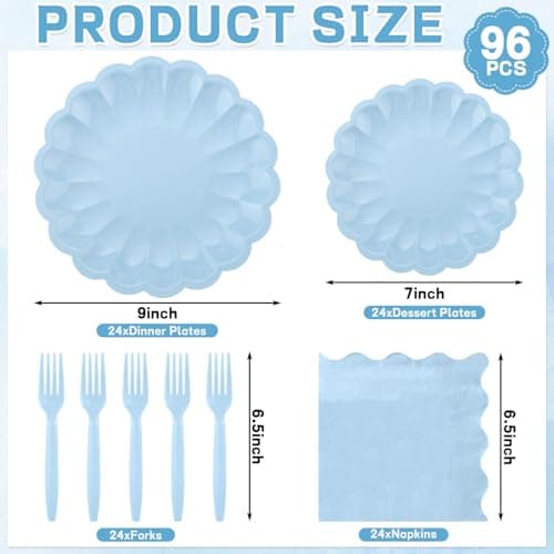 96 Pcs Light Blue Paper Plates and Napkins Blue Party Supplies Serve 24 Guests Include Scalloped Easter Plates Napkins Plastic Forks for Boy Baby Shower Bridal Shower Wedding Birthday - Thumbnail 2