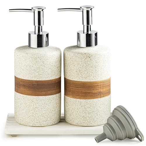Cormomu 2-Pack Ceramic Soap Dispensers Set, Includes Stainless Steel Pump, Silicone Funnel and Diatomaceous Tray, Hand Soap, Dish Soap, Shampoo and Conditioner Dispenser for Bathroom & Washroom, White - Image 1