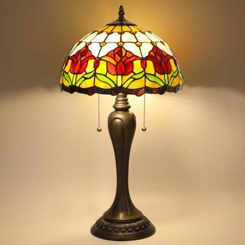 FILIUTF Stained Glass Table Lamp, Red Tulips Style Lampshade Reading Light 12X12X22 Inches, Adjustable 3 Color Temperature Decor for Bedroom Living Room - Image 1
