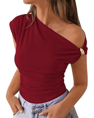 PRETTYGARDEN Womens Summer Off The Shoulder Crop Tops Ribbed Going Out Fitting T Shirts Trendy Spring Y2k Clothes 2026(Burgundy,Small) - Image 1