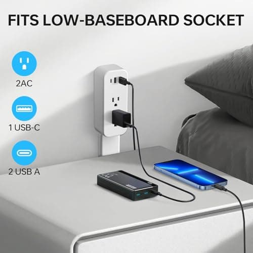 Electrical Outlet Extender Long Stick with 180° Swivel | Extends 23-35 in for Hard-to-Reach Places | 2 AC Outlets + 3 Ports (USB-C/USB-A) for Bed, Dorm, Office & Sofa - Thumbnail 3