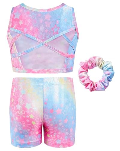 JiAmy Two Piece Gymnastics Leotards for Girls, Sleeveless Sparkly Dance Biketards with Shorts Ballet Tumbling Outfit Star Colored 5-6 Years - Thumbnail 2