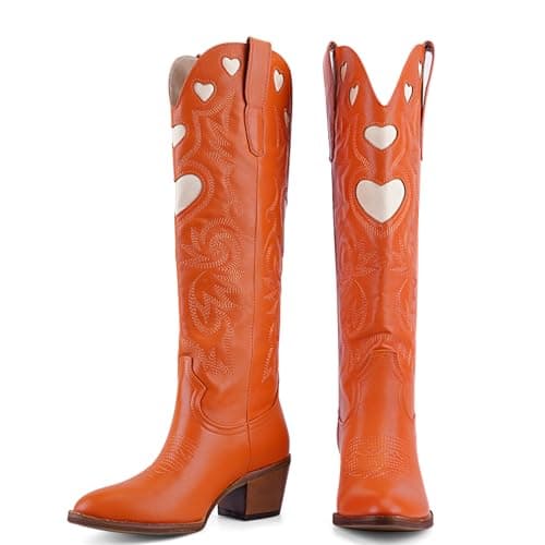 POYOIOR Orange Cowboy Boots for Women Wide Calf Round Toe Chunky Stacked Heel Knee High Cowgirl Boot Heart Pattern Classic Embroidered Tall Western Booties Pull on Size 7 - Image 1