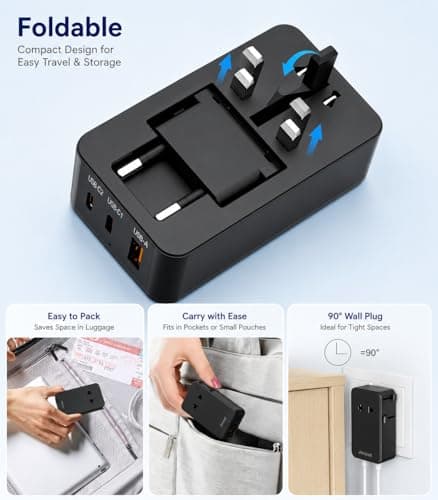 Jasput 25W Universal Travel Adapter, Ultra-Slim Mini Adapter with 2 USB-C & 1 USB-A, Fast Charging for Smartphones, Tablets, and Laptops, Compatible with US, UK, EU, AU, Asia, Perfect for Travel - Thumbnail 5
