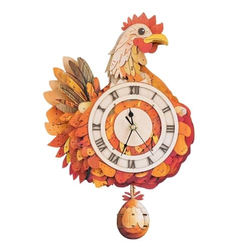 Kosmickiss 3D Wooden Puzzles for Adults-Retro Hen Wall Clock with Swinging-Mechanical Wooden DIY Clock Kit-Wooden Models for Adults to Build-Vintage Home Decor