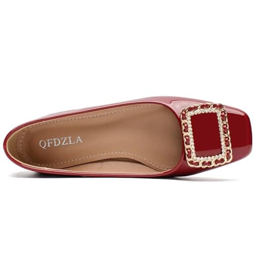 QFDZLA Women's Low Chunky Block Heel Pumps Comfortable Leather Square Toe Dress Shoes Slip On Block Heel for Office Lady Shoes Burgundy Size 9 - Thumbnail 4