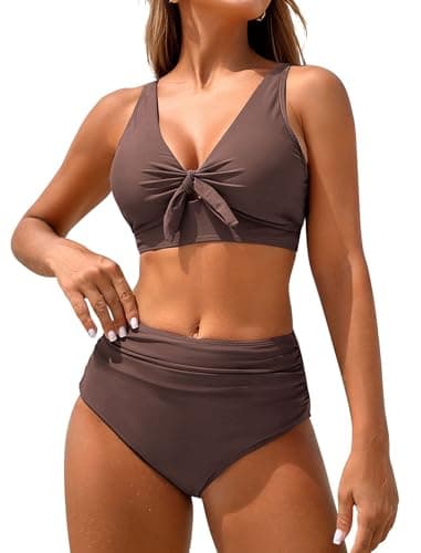 ZAFUL High Waisted Bikini Set for Women Tie Knot High Rise Two Piece Swimsuits Bathing Suits High Waist Tummy Control Ruched Bikini Bottom Roman Coffee S - Image 1
