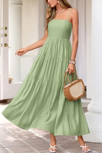 Okiwam Women's Summer Dress 2026 Casual Boho Sleeveless Spaghetti Strap Smocked Maxi Dress Ruffle Long Beach Sundresses-XXL Light Green - Thumbnail 2
