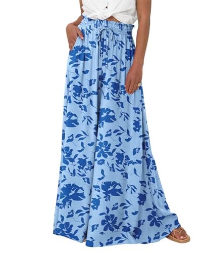 BTFBM Wide Leg Palazzo Pants for Women 2026 Summer Spring Casual High Waisted Flowy Trousers Boho Beach Vacation Outfits(Print Blue, XX-Large) - Image 1