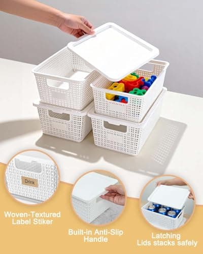 VEGITERIA Plastic Storage Baskets with Lids [6-Pack] – Stackable Organizing Bins with Secure Snap-On Lids for Pantry, Bathroom & Closet | 11"x7"x5" Bins Hold 25lbs, Dustproof & Water-Resistant, White - Thumbnail 3