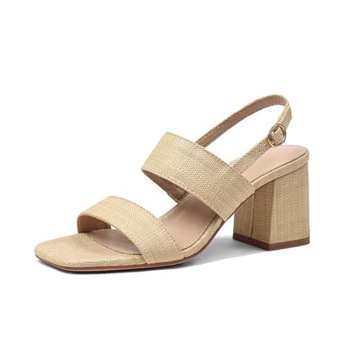 Ancomafio Heeled Sandals for Women Raffia Block Chunky Heels Square Open Toe Summer Sandals Ankle Strap Vacation Heels Casual Dressy Shoes Natural Size 10 - Image 1