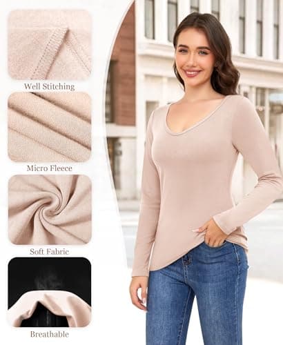 Ganado Long Sleeve Shirts for Women V Neck Thermal Shirt Layering Undershirts Plain Fitted Basic Tops (Beige, X-Large) - Thumbnail 5