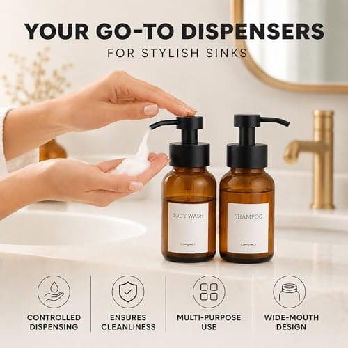 2 Pcs Amber Glass Foaming Soap Dispenser with Pump - 8.5 Oz Stylish Foaming Soap Dispenser Glass with Durable Plastic Pump for Bathroom or Kitchen Use - Non-Slip Bottom, 6 Waterproof Label Stickers - Thumbnail 4