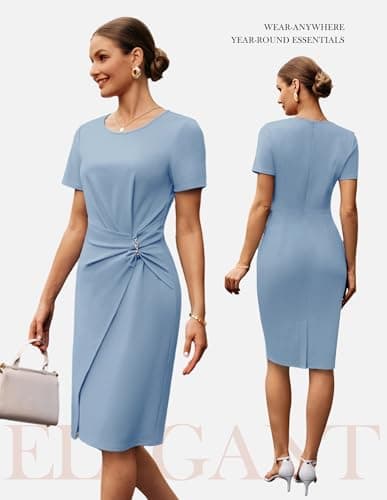 GRACE KARIN Women's Short Sleeve Bodycon Work Dress Business Midi Sheath Dress Office Cocktail Dress Gray Blue XL - Thumbnail 5