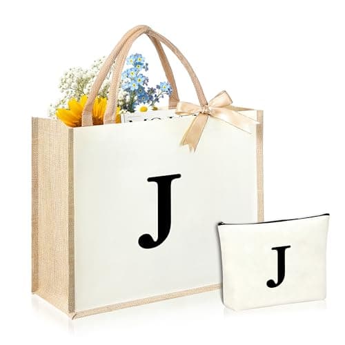 DCLOVERY Initial Canvas Tote Bag & Makeup Bag for Women Teacher Bridesmaids，Personalized Present for Wedding, Birthday, Beach (J, White)