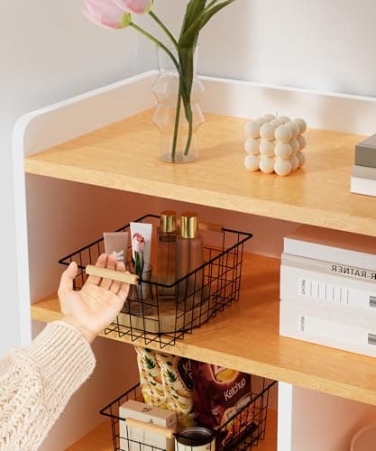 Wire Basket with Wooden Handle, Metal Utility Storage Basket for Organizing Kitchen Pantry Cabinets, Closet and Garage Shelves Drawers, Office Metal Basket Storage Organizer with Handle (Black 4 Pack) - Thumbnail 5