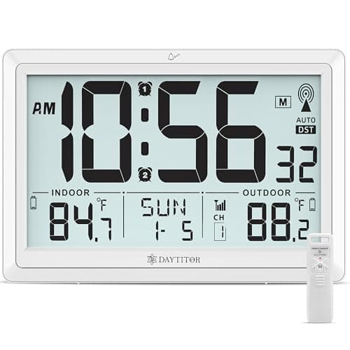 Atomic Clock Wall with Indoor/Outdoor Temp, Battery Operated Digital Wall Clock with 10.5" Large LCD Display, 330ft Range Desk Table Clock with Alarm, DST, Calendar for Living Room Bedroom, White - Image 1